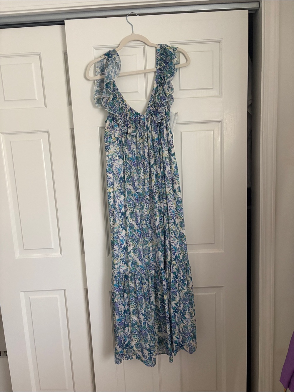 Lavender Brown Blue & Green Floral Ruffle Maxi